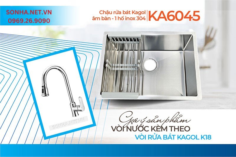 Bộ đ&ocirc;i chậu Kagol KA6045 v&agrave; v&ograve;i K18 cho căn bếp hiện đại