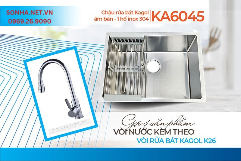 Căn bếp tiện nghi khi lắp chậu Kagol KA6045 v&agrave; v&ograve;i K26