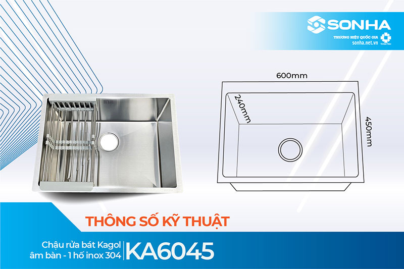K&iacute;ch thước chậu rửa b&aacute;t 1 hố Kagol KA6045