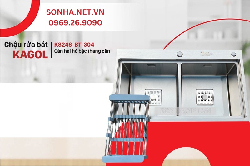 Chậu rửa b&aacute;t KAGOL K8248-BT-304 C&acirc;n hai hố bậc thang c&acirc;n, Inox 304