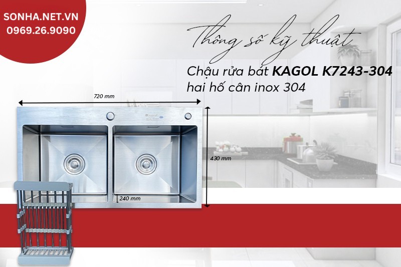 K&iacute;ch thước chậu Kagol K7243-304 ph&ugrave; hợp lắp đặt căn bếp rộng