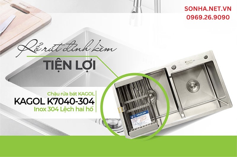 Mua chậu Kagol K7040 - 304 tặng k&egrave;m rổ r&uacute;t tiện lợi
