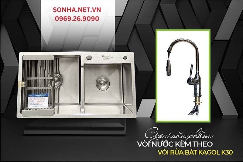 Bộ đ&ocirc;i ho&agrave;n hảo lắp đặt c&ugrave;ng nhau chậu Kagol K7040 - 304 v&agrave; v&ograve;i K30