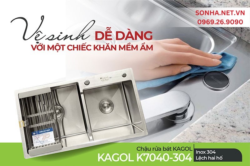 Chậu Kagol K7040-304 lệch 2 hố dễ d&agrave;ng vệ sinh
