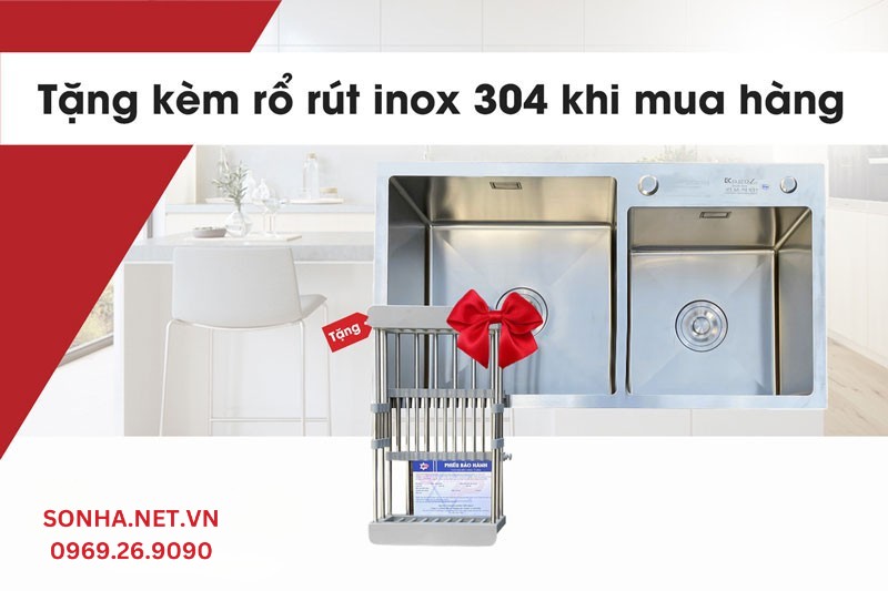 Mua bồn rửa b&aacute;t đ&ocirc;i Kagol K7243-304 lệch tặng k&egrave;m rổ r&uacute;t tiện lợi