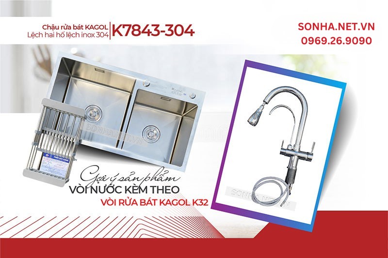 Chậu Kagol K7843 - 304 v&agrave; v&ograve;i K32 tối ưu tiện &iacute;ch trong căn bếp