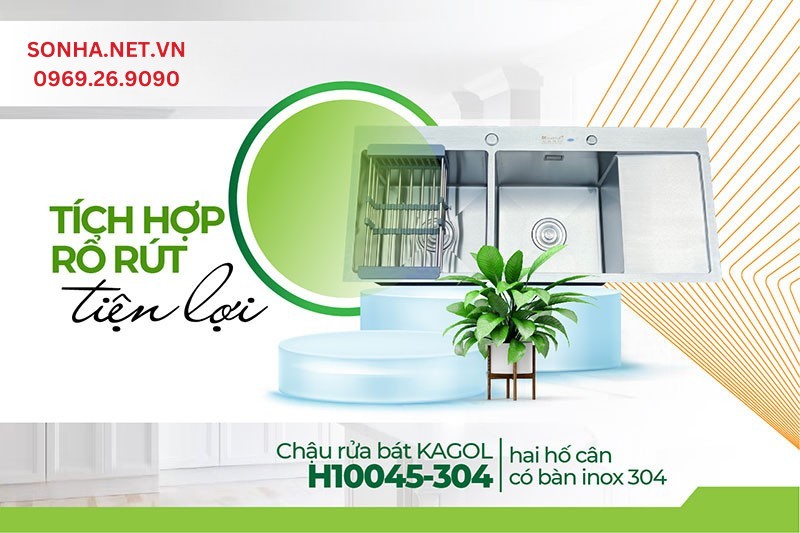 Chậu Kagol H10045-304 t&iacute;ch hợp rổ r&uacute;t, b&agrave;n chờ tiện lợi