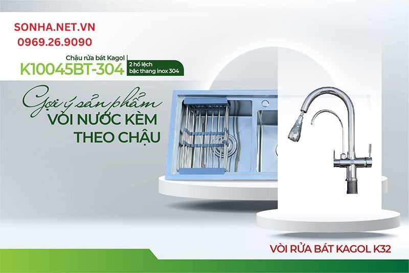 Bộ đ&ocirc;i Kagol K10045-BT 304 v&agrave; v&ograve;i K32 n&acirc;ng tầm tiện &iacute;ch căn bếp