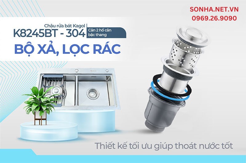 Bộ xả v&agrave; lọc r&aacute;c Kagol K8245BT-304 c&acirc;n thiết kế tối ưu sử dụng