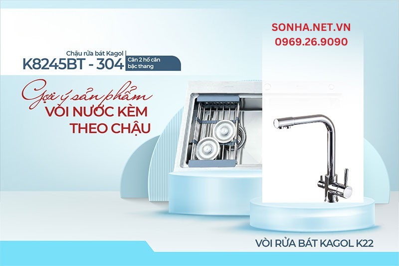 Cặp đ&ocirc;i tối ưu tiện &iacute;ch căn bếp chậu K8245BT-304 c&acirc;n v&agrave; v&ograve;i K22