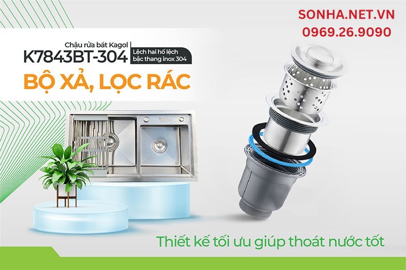 Bộ xả, nắp lọc r&aacute;c thiết kế tối ưu ngăn r&aacute;c, tho&aacute;t nước tốt