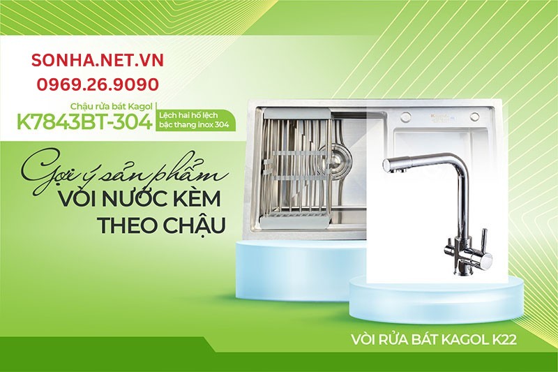 Bộ đ&ocirc;i ho&agrave;n hảo lắp c&ugrave;ng nhau chậu Kagol K7843BT-304 v&agrave; v&ograve;i K22