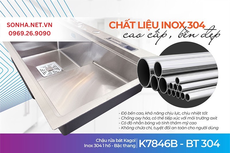 Kagol K7846B-BT 304 l&agrave;m từ inox 304 bền đẹp theo thời gian, an to&agrave;n sức khoẻ