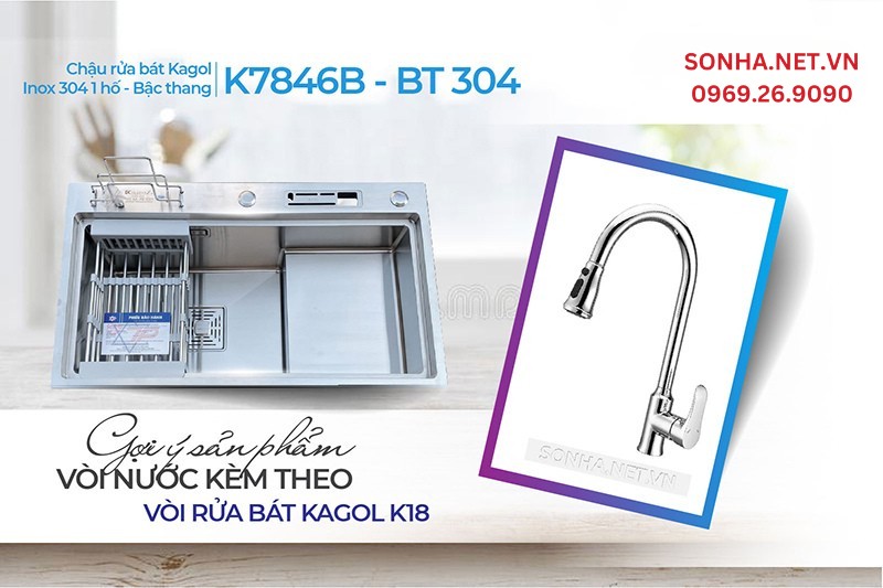 Chậu v&agrave; v&ograve;i Kagol K7846B - BT 304, K18 n&acirc;ng tầm tiện &iacute;ch sống trong căn bếp 