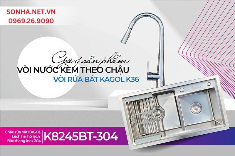 Combo tiện &iacute;ch lắp c&ugrave;ng nhau chậu Kagol K8245BT-304 v&agrave; v&ograve;i K36