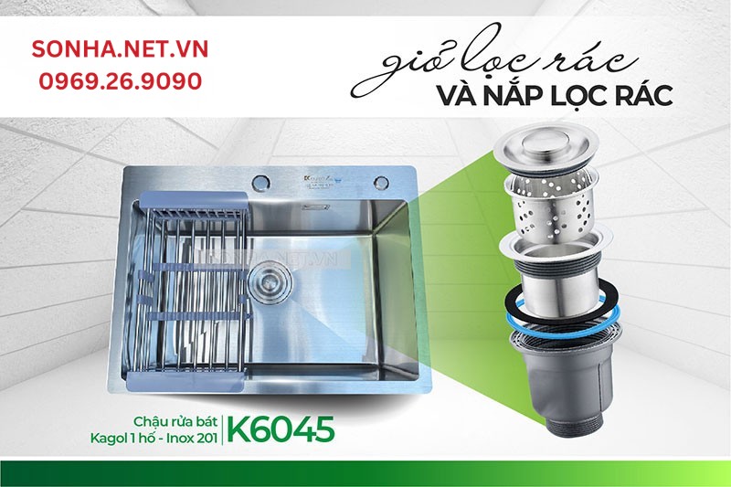 Giỏ v&agrave; nắp lọc r&aacute;c Kagol K6045 tho&aacute;t nước, lọc r&aacute;c hiệu quả 