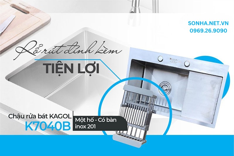 Chậu Kagol K7040B t&iacute;ch hợp rổ r&uacute;t, b&agrave;n chờ tiện &iacute;ch sử dụng