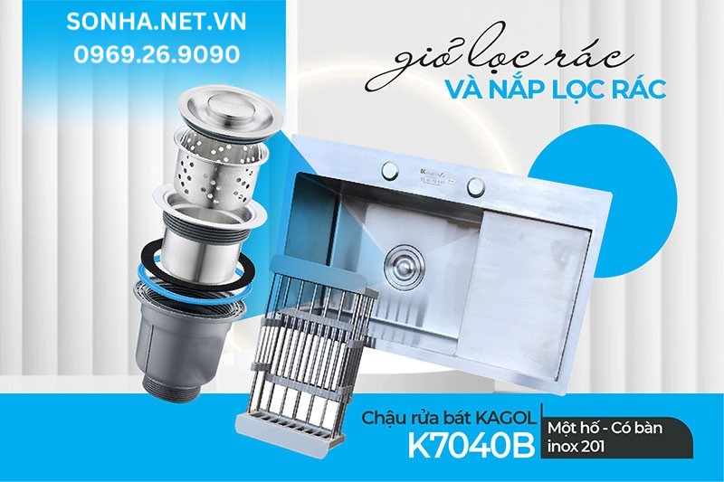 Giỏ v&agrave; nắp lọc r&aacute;c Kagol K7040B l&agrave;m từ inox chống rỉ 