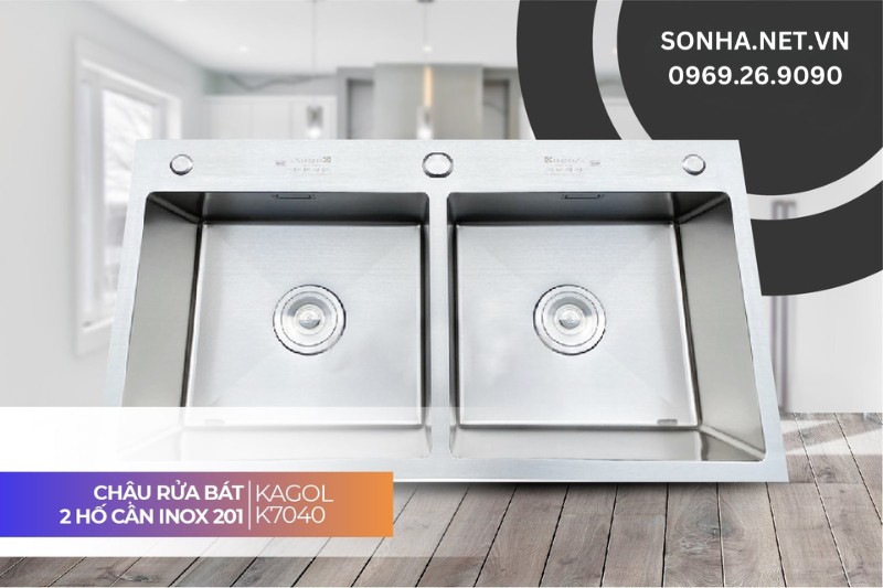 Chậu rửa b&aacute;t Kagol K7040-C&acirc;n hai hố c&acirc;n inox 201