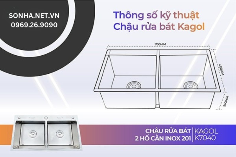 Th&ocirc;ng số kỹ thuật chậu rửa b&aacute;t Kagol K7040-C&acirc;n inox 201