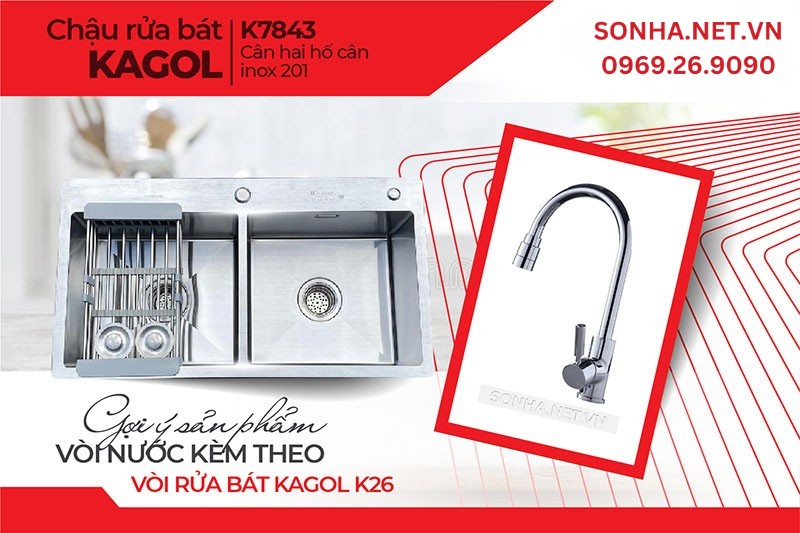 Chậu rửa b&aacute;t KAGOL K7843-C&acirc;n hai hố c&acirc;n inox 201 (780x430x240 mm)