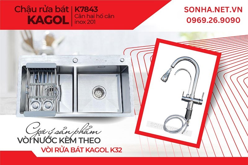  Bộ đ&ocirc;i tuyệt hảo lắp đặt c&ugrave;ng nhau chậu Kagol K7843 v&agrave; v&ograve;i K32