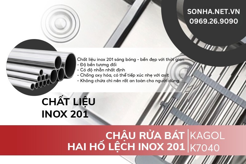 Chậu Kagol K7040 hai hố lệch l&agrave;m từ inox 201 c&oacute; 4 ưu điểm nổi bật