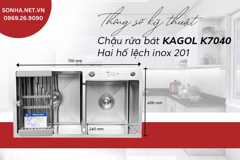 K&iacute;ch thước chậu Kagol K7040 lệch inox 201 đ&aacute;p ứng nhu cầu sử dụng lớn 