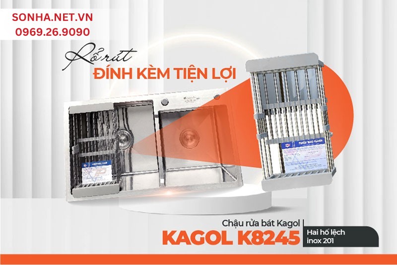Mua chậu Kagol K8245 lệch inox 201 tặng k&egrave;m rổ r&uacute;t tiện lợi