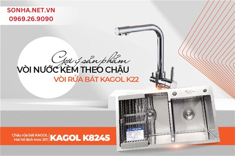 Chậu Kagol K8245 lệch inox 201 tiện lợi lắp đặt c&ugrave;ng v&ograve;i K22