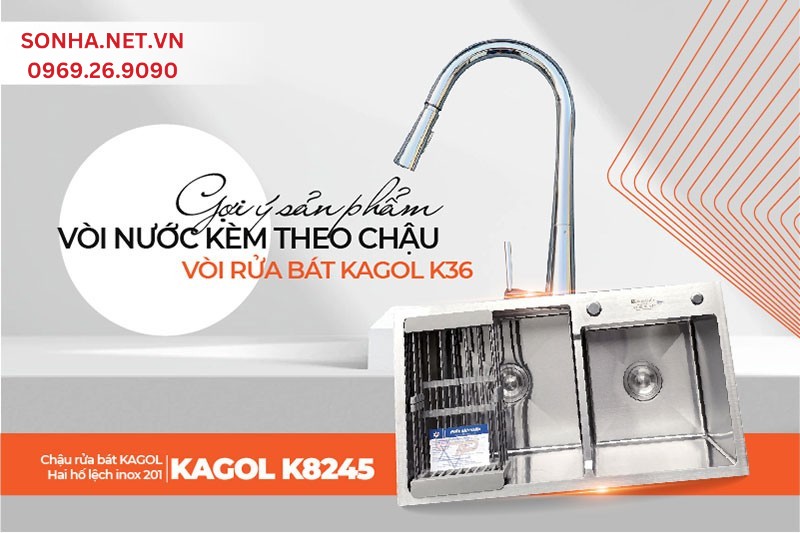 Bộ đ&ocirc;i n&acirc;ng tầm tiện nghi căn bếp chậu Kagol K8245 lệch v&agrave; v&ograve;i K36 