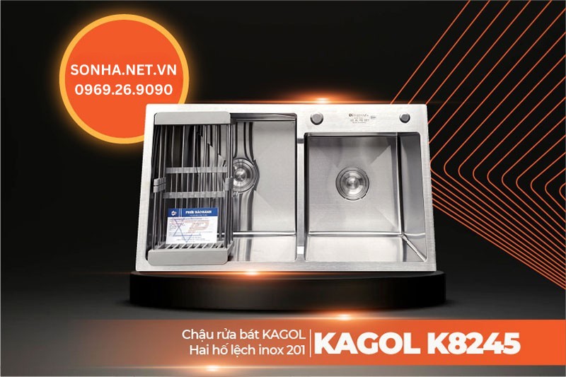Chậu Kagol K8245 lệch inox 201 hiện đại, đẹp, tiện &iacute;ch