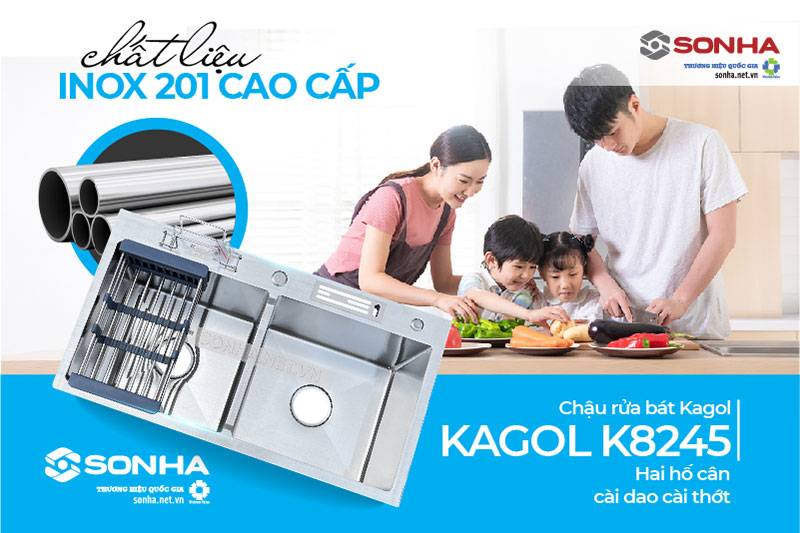 Bồn rửa ch&eacute;n inox Kagol K8245 C&acirc;n CD l&agrave;m từ inox 201