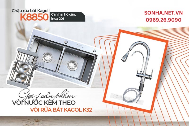 Bộ đ&ocirc;i ho&agrave;n hảo lắp đặt c&ugrave;ng nhau chậu Kagol K8850 v&agrave; v&ograve;i K32