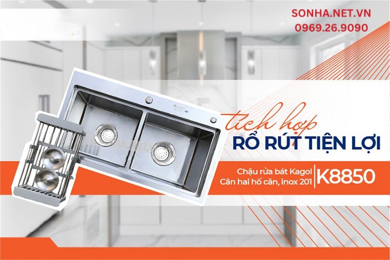 Mua chậu rửa b&aacute;t inox Kagol K8850 tặng rổ r&uacute;t tiện lợi