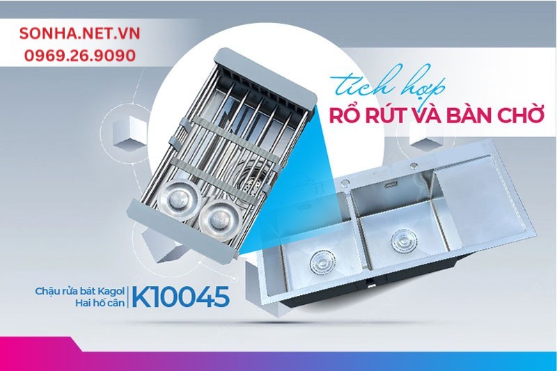Chậu Kagol K10045 t&iacute;ch hợp rổ r&uacute;t, b&agrave;n chờ tiện lợi