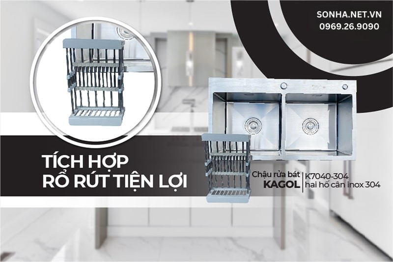  Kagol K7040-304 t&iacute;ch hợp rổ r&uacute;t rất tiện lợi cho hoạt động nấu nướng 