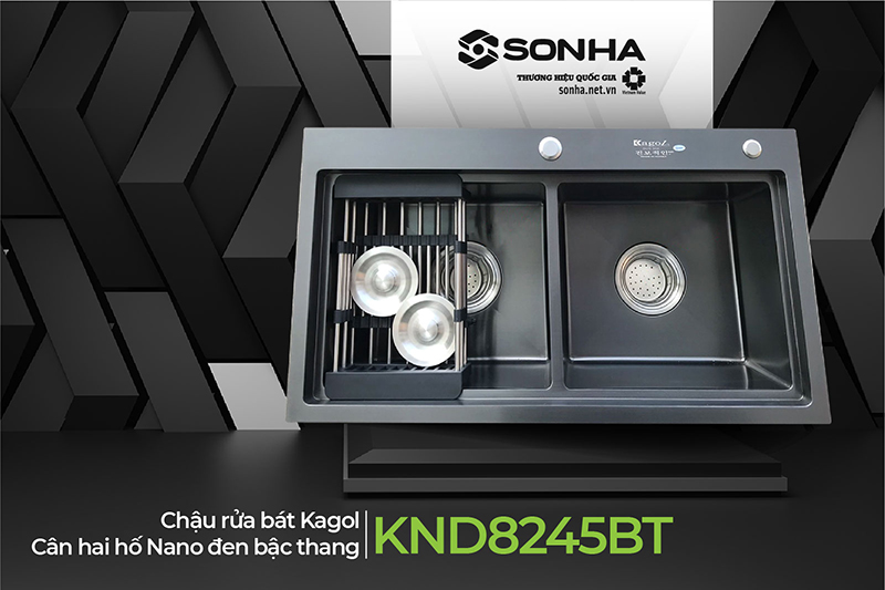 Chậu rửa b&aacute;t Kagol KND8245BT hai hố c&acirc;n nano đen bậc thang