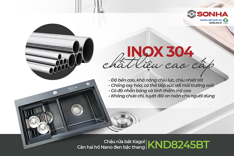 Chậu Kagol KND8245BT hai hố c&acirc;n từ inox 304