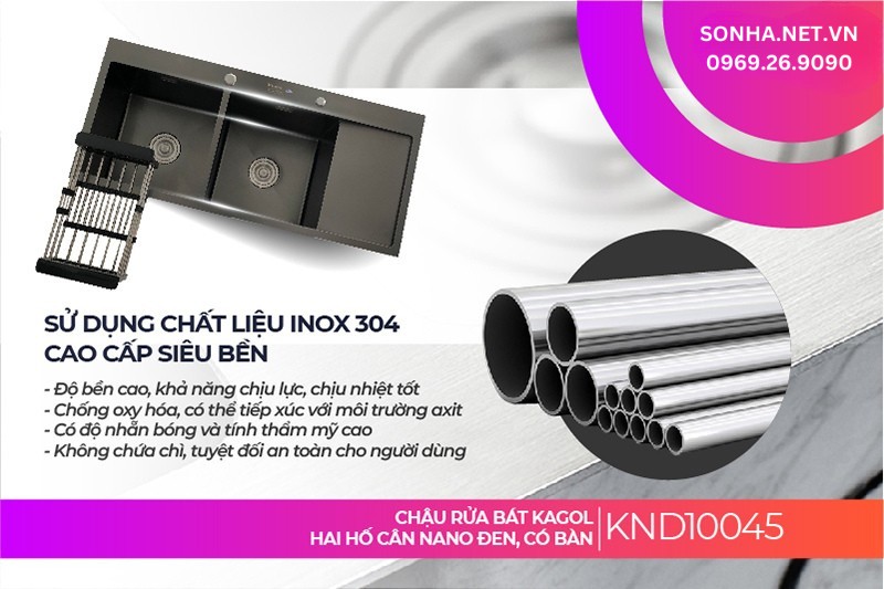 Chậu Kagol KND10045 l&agrave;m từ inox 304 n&ecirc;n tiết kiệm chi ph&iacute;, an to&agrave;n sức khoẻ 