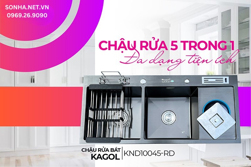 Chậu Kagol KND10045-RD tiện &iacute;ch đa năng c&agrave;i dao, thớt, hố r&aacute;c, rổ r&uacute;t