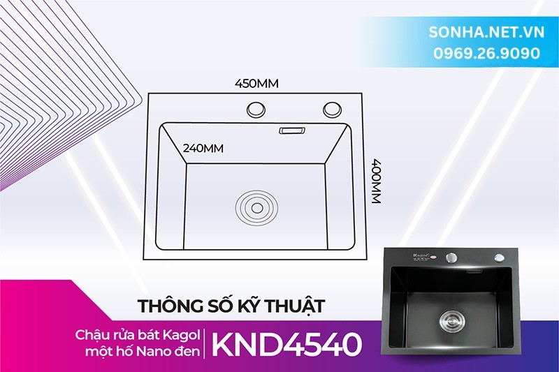 Th&ocirc;ng số k&iacute;ch thước chậu Kagol KND4540 một hố nano đen