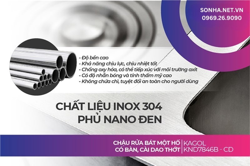 Chậu rửa Kagol KND7846B-CD l&agrave;m từ chất liệu inox 304 v&agrave; phủ nano đen n&ecirc;n bền vượt trội theo thời gian
