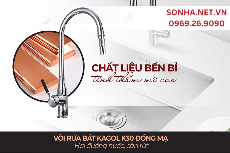 Vòi rửa bát Kagol K30 làm từ đồng nên rất bền đẹp, dễ vệ sinh
