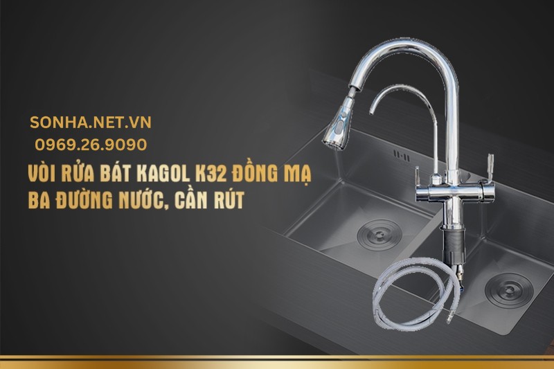 Vòi rửa bát Kagol K32 đồng mạ ba đường nước, cần rút