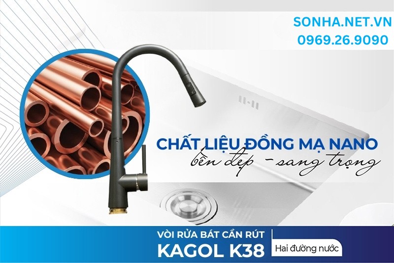 Vòi rửa bát Kagol K38 được chế tạo từ đồng phủ nano đen chất lượng cao