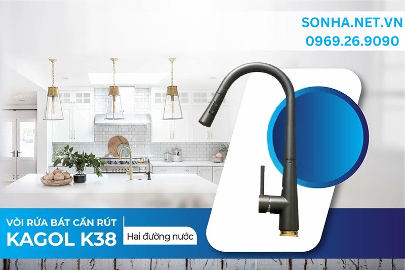 Siêu phẩm vòi rửa bát chén Kagol K38 2 đường nước cần rút