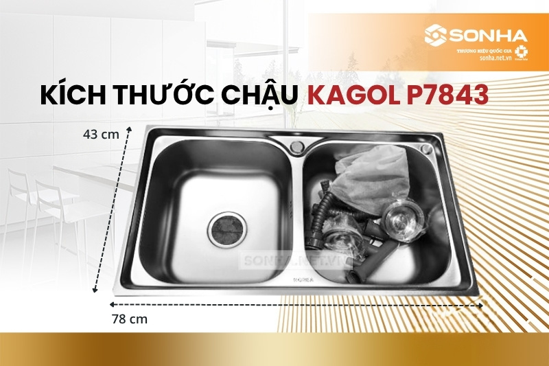 K&iacute;ch thước bồn rửa ch&eacute;n inox 2 hố c&acirc;n Kagol P7843