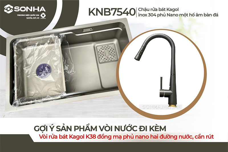Bồn rửa ch&eacute;n 1 ngăn Kagol KNB7540-304 v&agrave; v&ograve;i Kagol K38