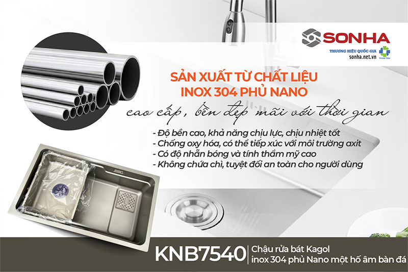 Bồn rửa ch&eacute;n 1 ngăn lớn KNB7540-304 l&agrave;m từ inox 304